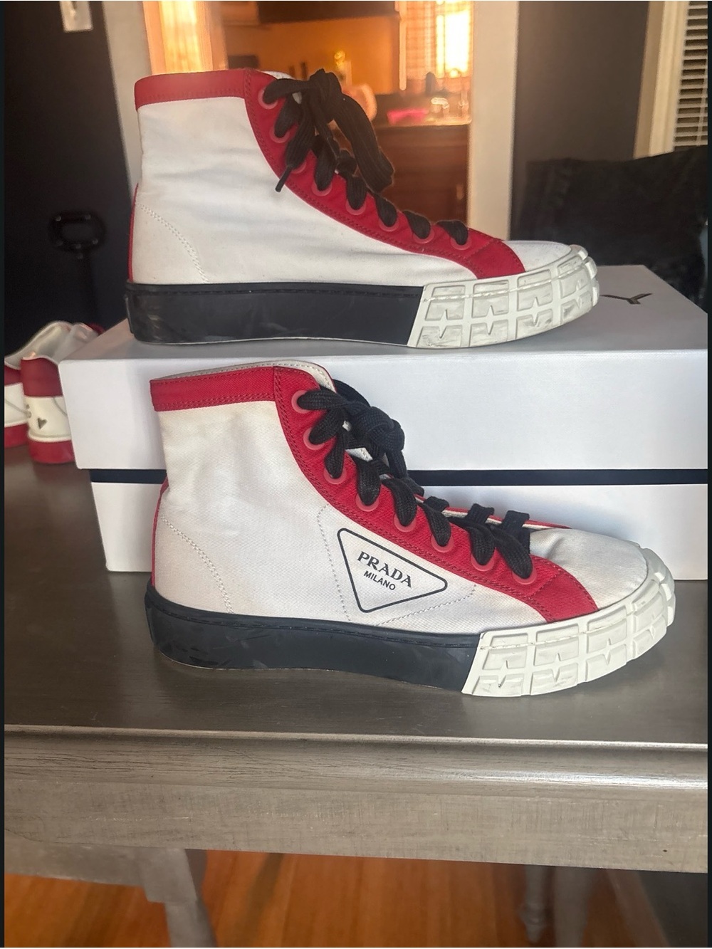 Prada White Canvas High-Top Sneakers with Red Trim